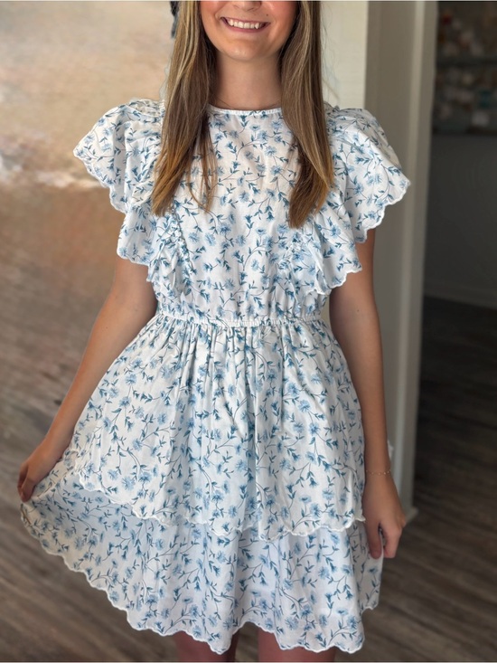 Simply Southern Dresses & Skirts - Simply Southern White with Blue Daisy Print Ruffle Sleeves Midi Tiered Dress L